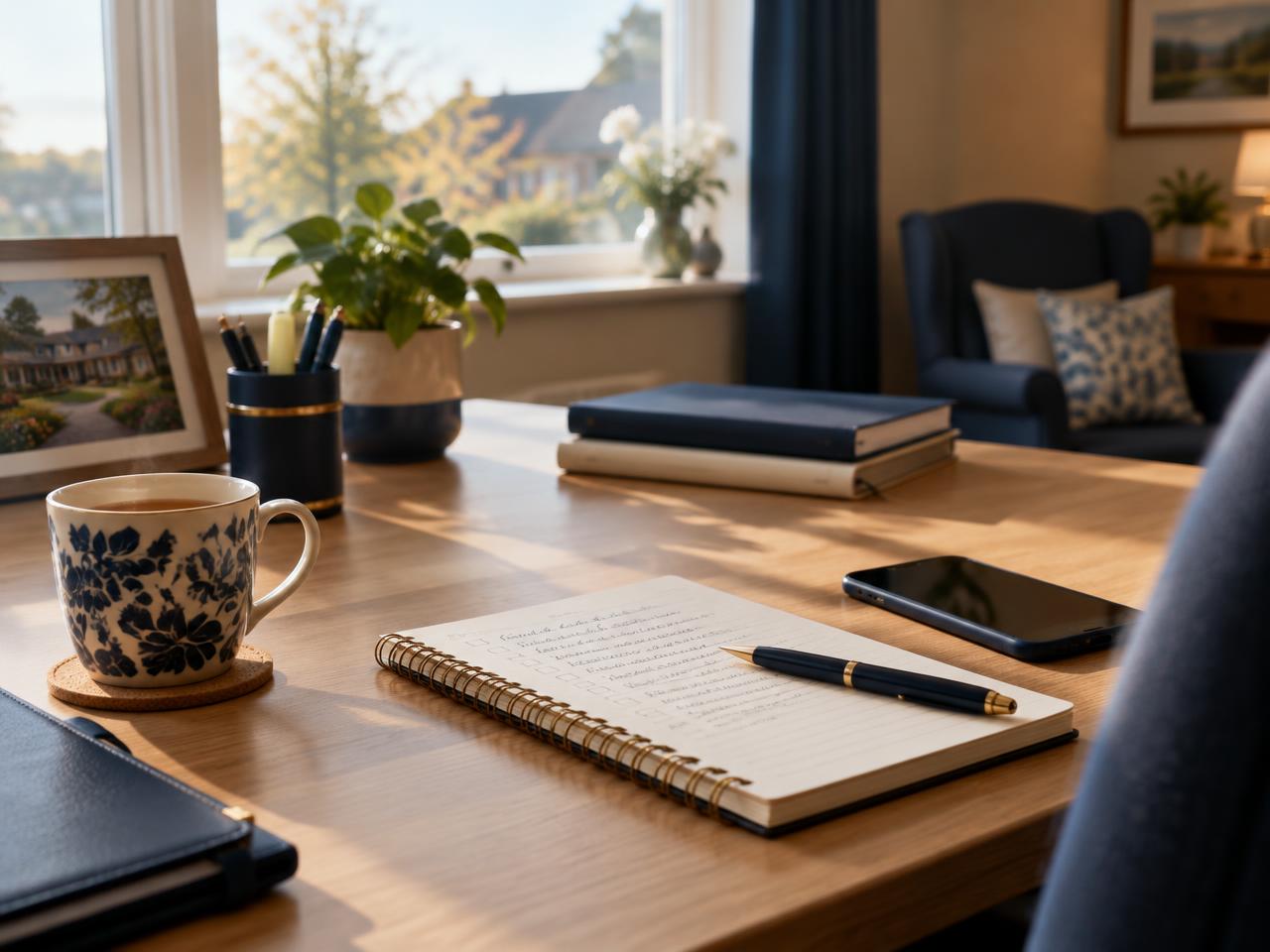 A calm desk in morning light with tea, a notebook and a phone